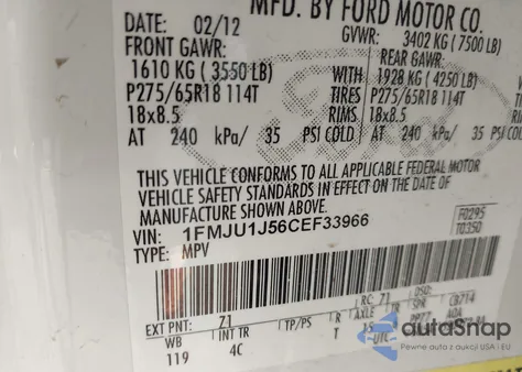 2012 Ford Expedition Xlt из США, поврежденный, VIN 1FMJU1J56CEF33966